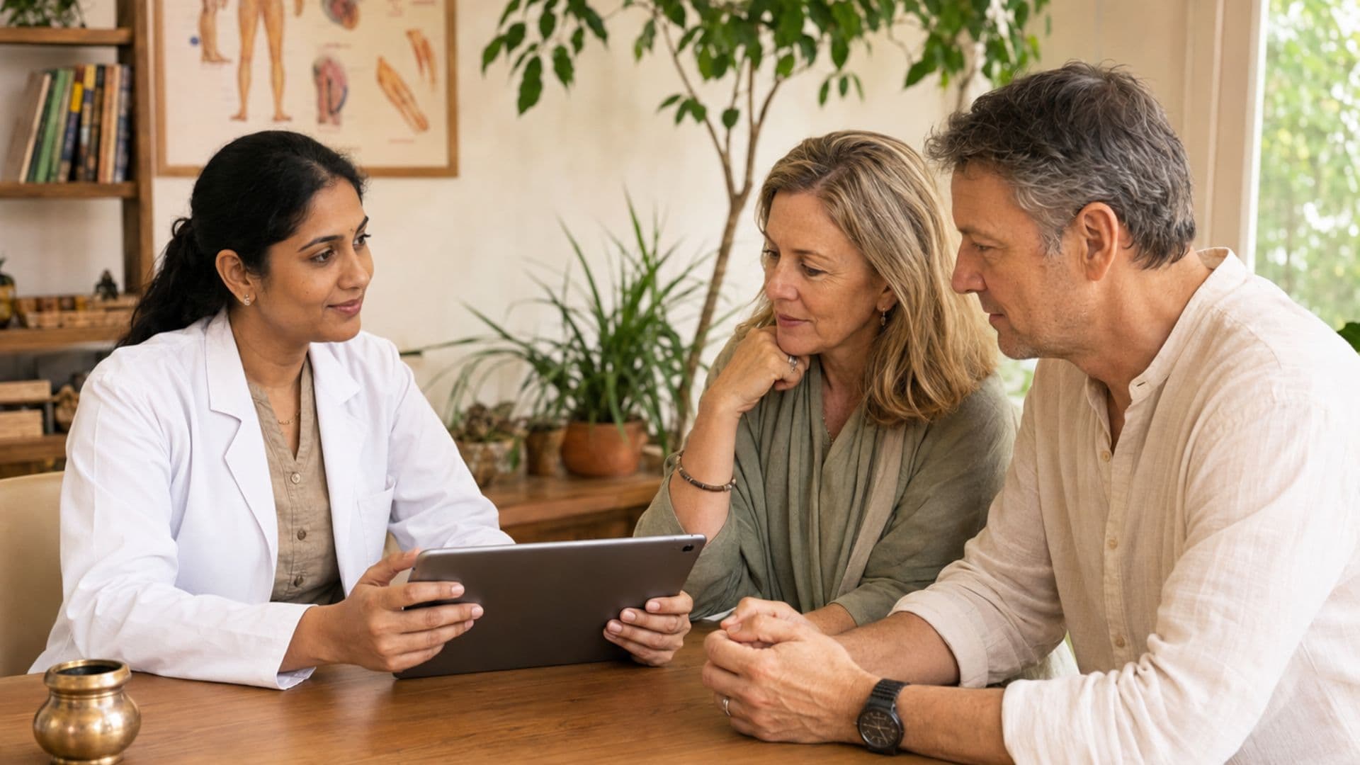 International guests reviewing their personalised wellness assessment with an Atmabodh doctor